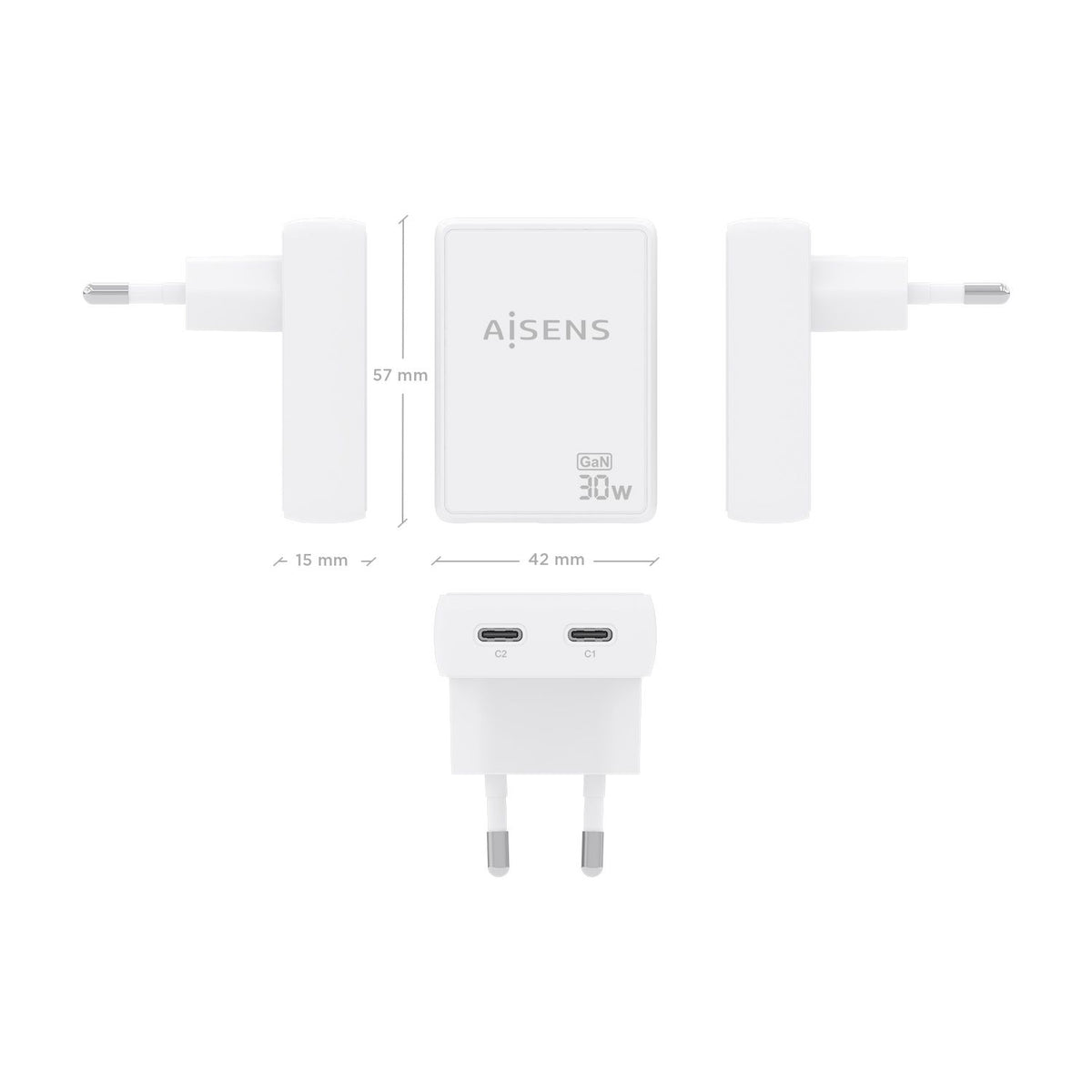 Cargador Pared AISENS GaN 30W 2xUSB-C (ASCH-30W2P075-W)