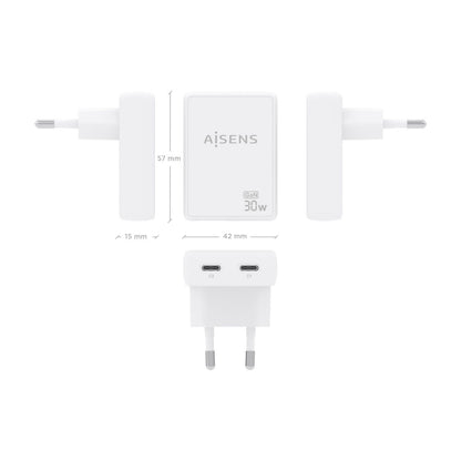 Cargador Pared AISENS GaN 30W 2xUSB-C (ASCH-30W2P075-W)