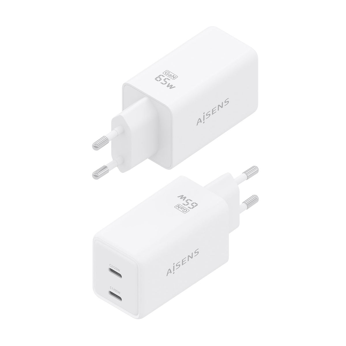 Cargador Pared AISENS GaN 65W 2xUSB-C (ASCH-65W2P078-W)