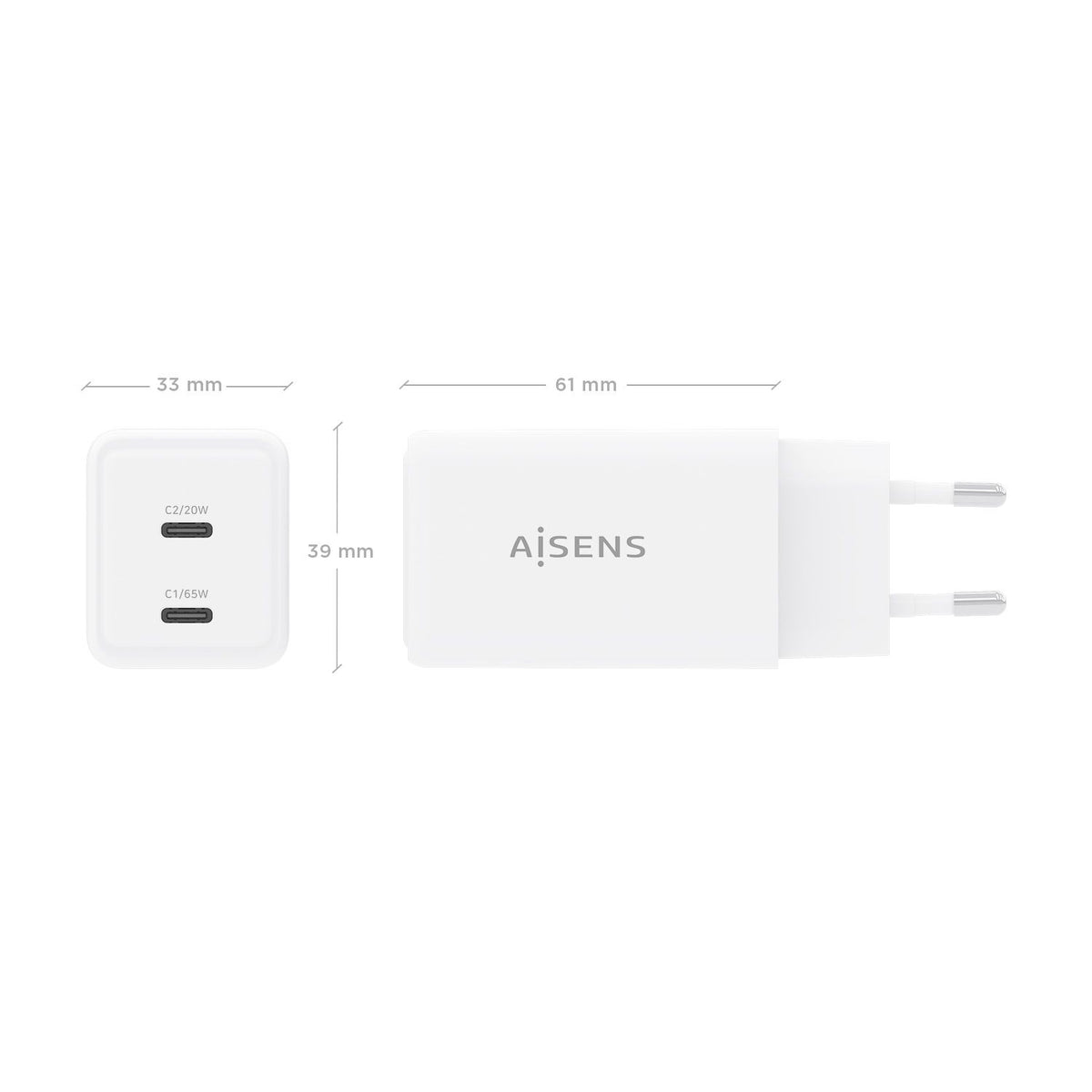 Cargador Pared AISENS GaN 65W 2xUSB-C (ASCH-65W2P078-W)