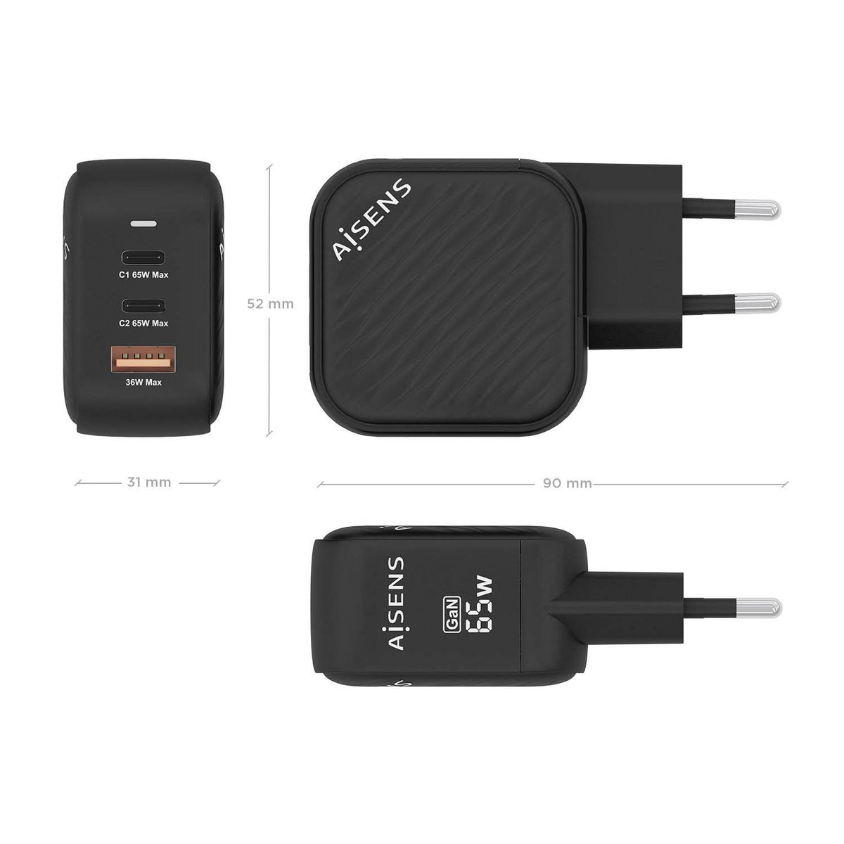 Cargador Pared AISENS USB-A USB-C 65W(ASCH-65W3P027-BK)