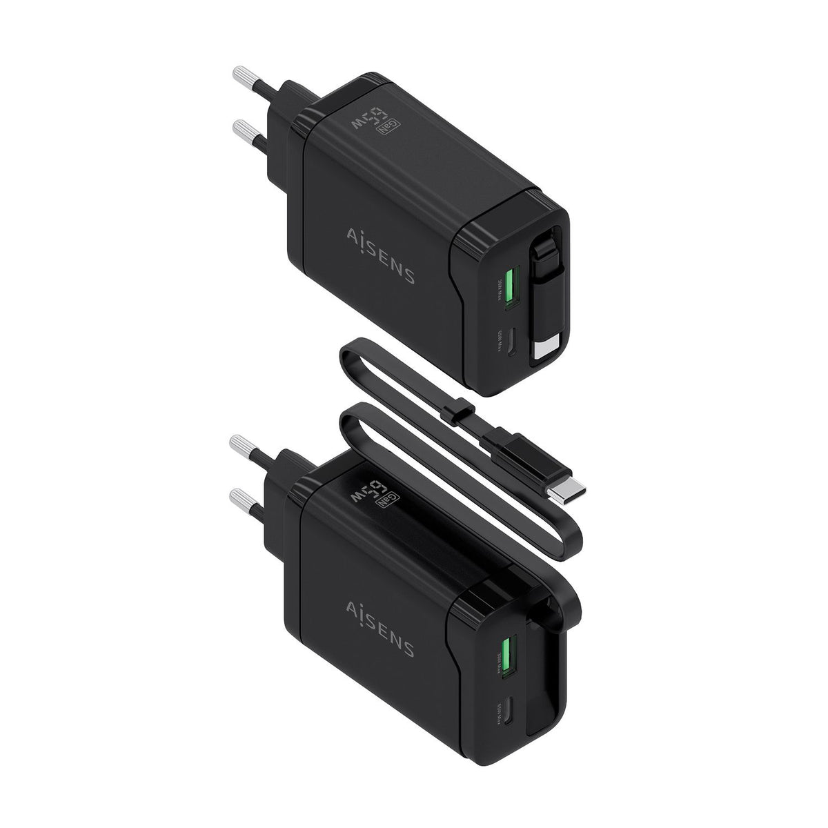Cargador AISENS GaN 65W 1xUSB-A 1xUSB-C Cable Retráctil