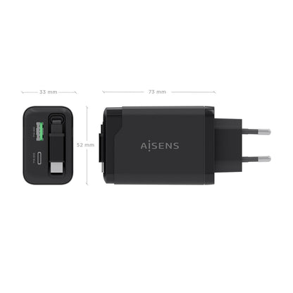 Cargador AISENS GaN 65W 1xUSB-A 1xUSB-C Cable Retráctil