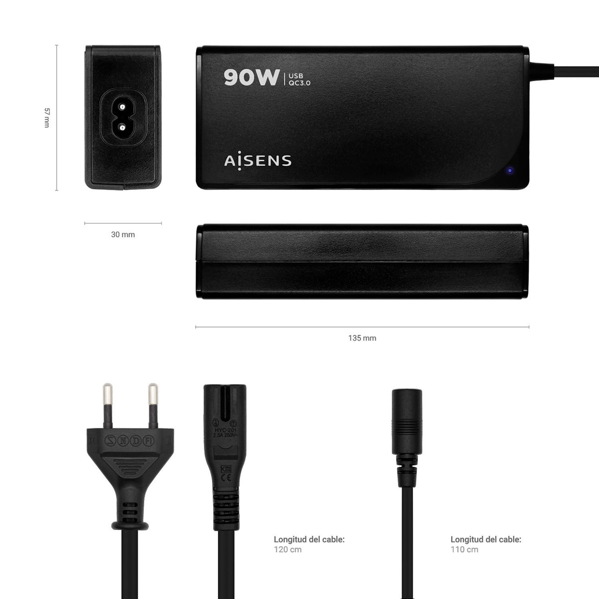 Cargador AISENS 90W 12 DC USB-A Negro (ASLC-90WAUTO-BK)