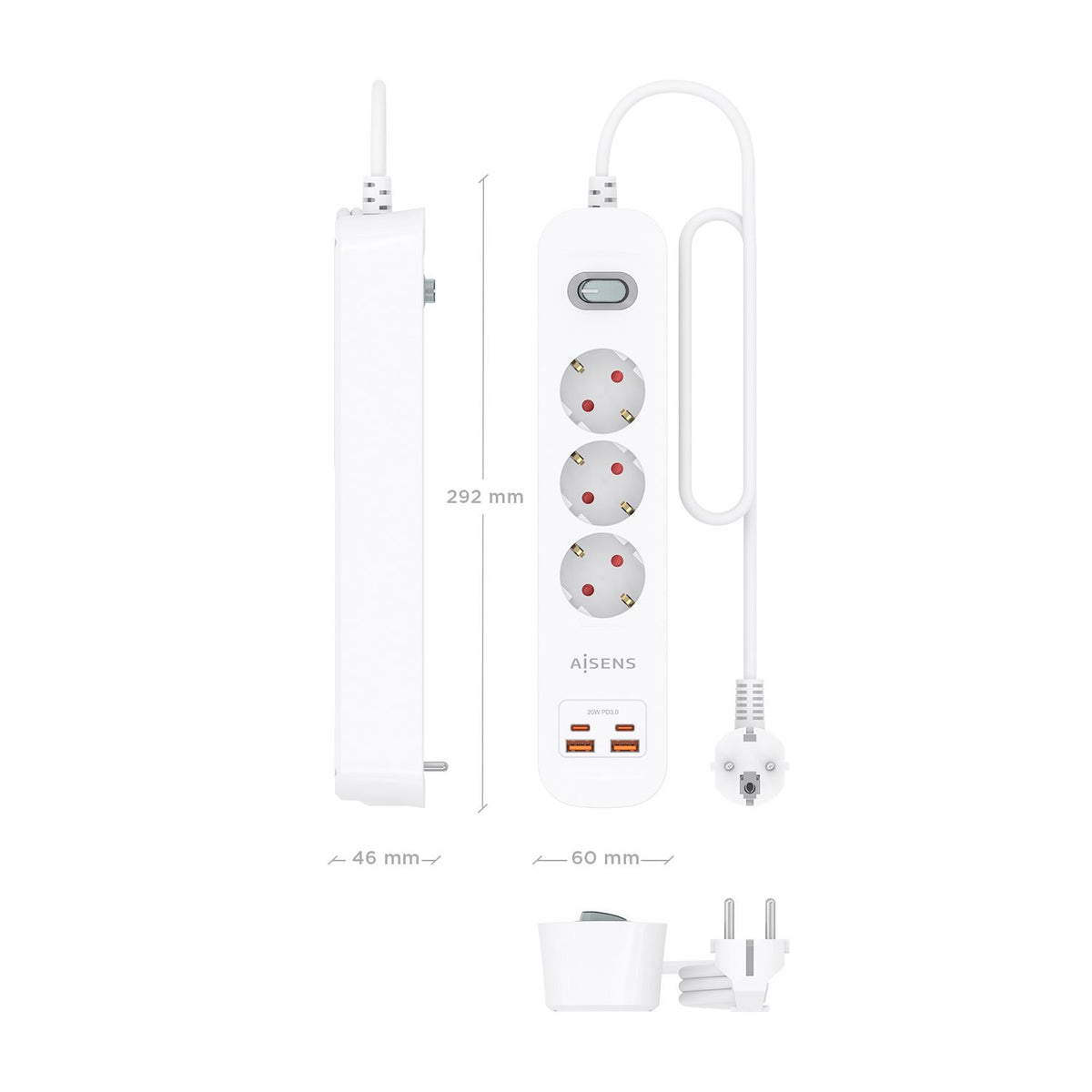 Regleta Aisens 3Tomas 2Usb-C 2Usb-A (ASPS-2A2C10-W)