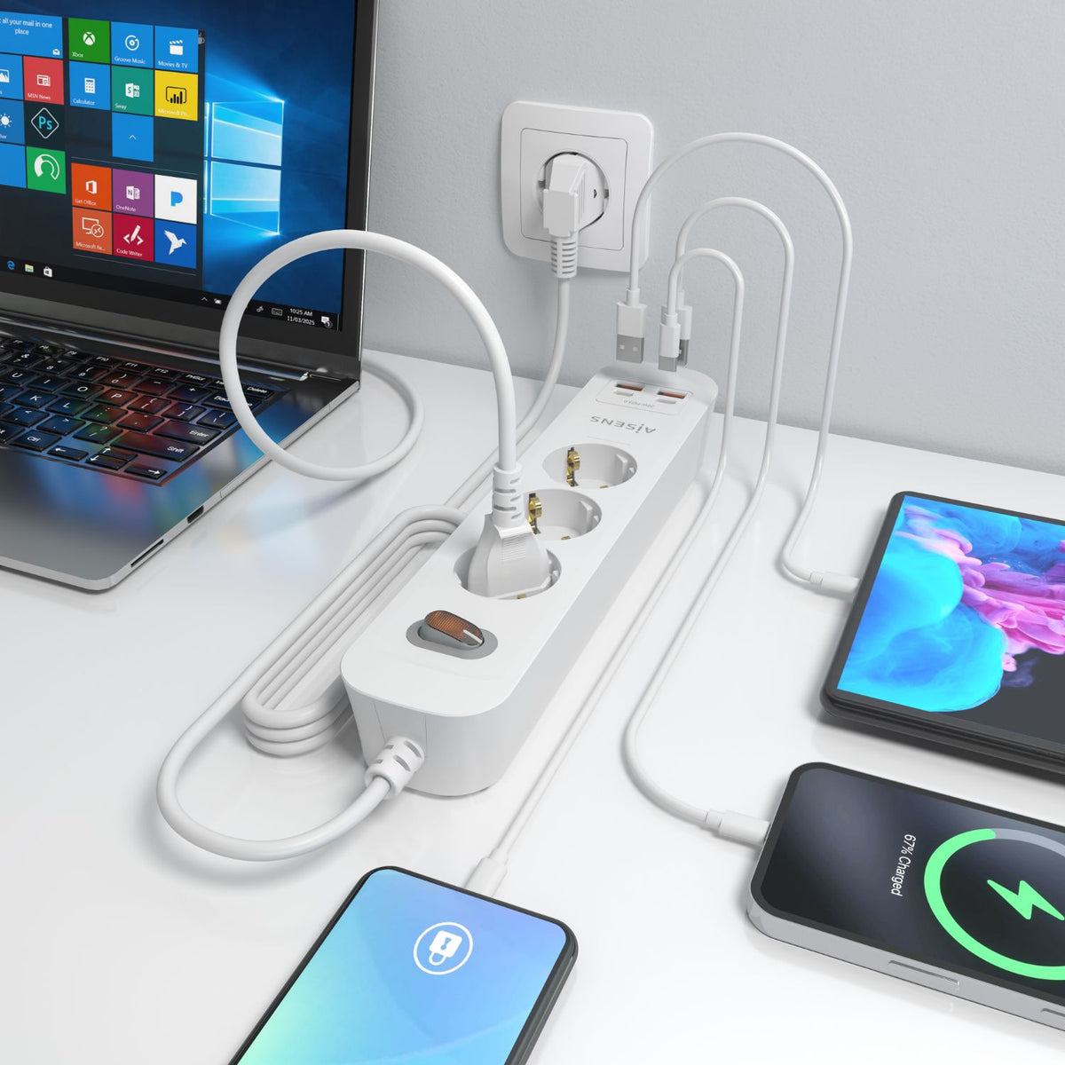 Regleta Aisens 3Tomas 2Usb-C 2Usb-A (ASPS-2A2C10-W)