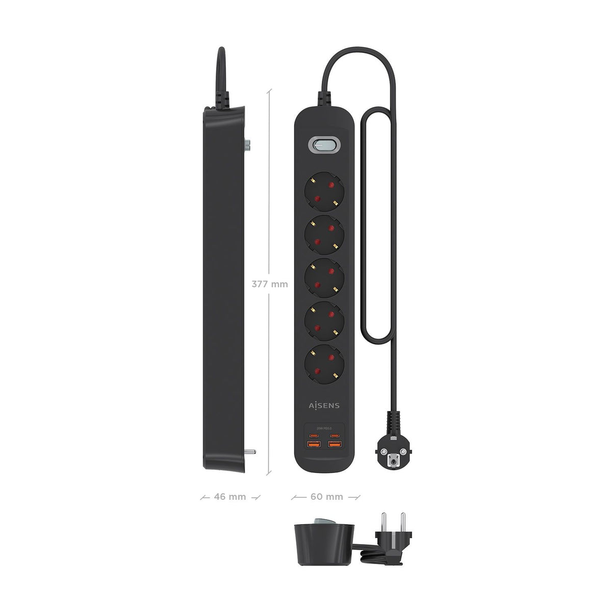 Regleta Aisens 5Tomas 2Usb-C 2Usb-A (ASPS-2A2C15-BK)
