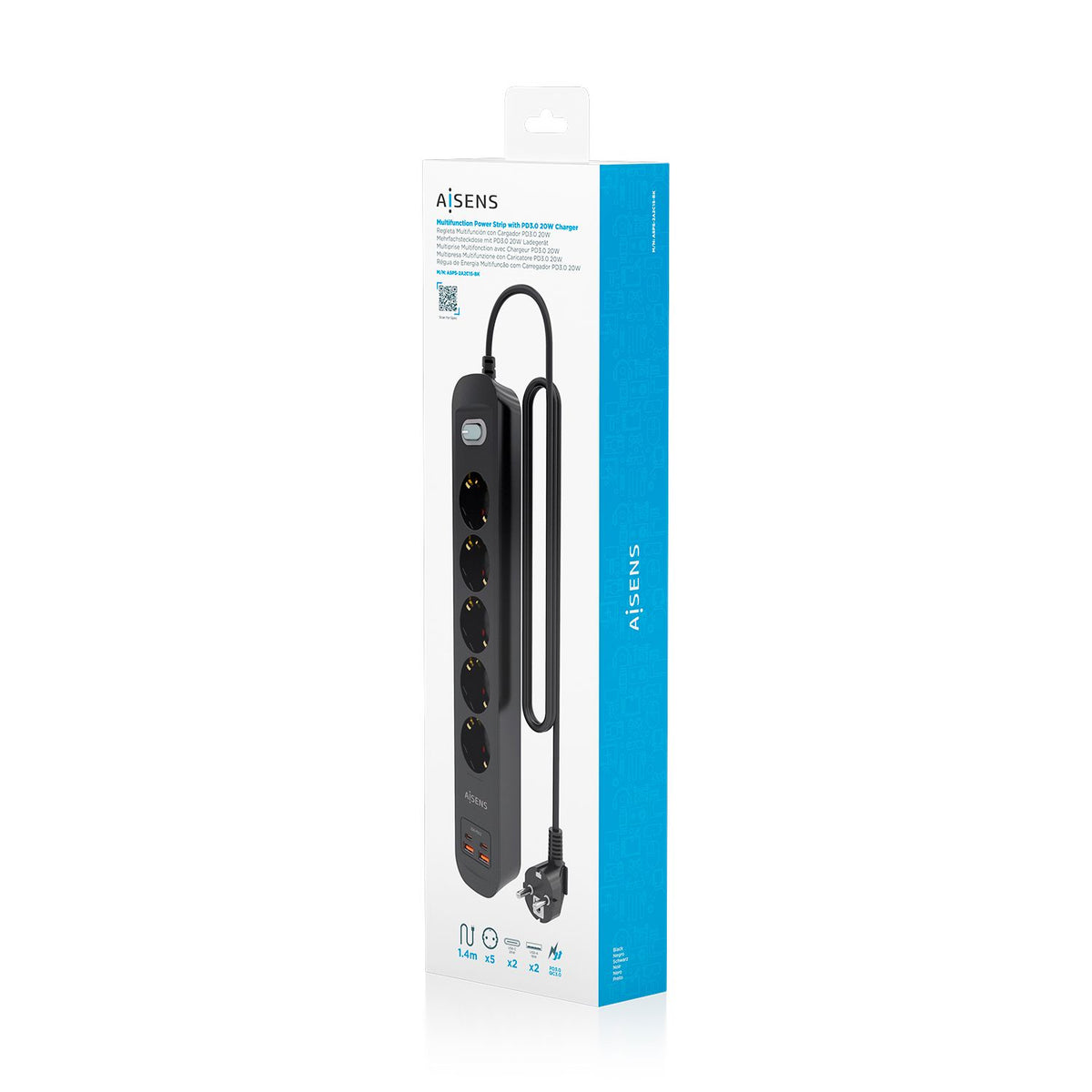 Regleta Aisens 5Tomas 2Usb-C 2Usb-A (ASPS-2A2C15-BK)