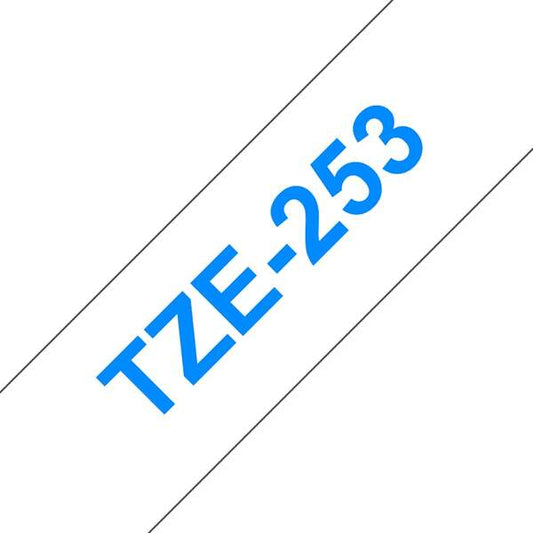 Brother TZe253 Generic Laminated Label Tape - Blue Text on White Background - Width 24mm x 8 meters