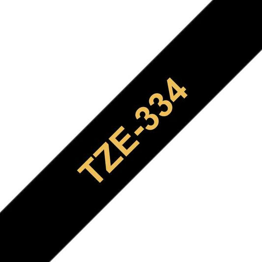 Brother TZe334 Generic Laminated Label Tape - Gold Text on Black Background - Width 12mm x 8 meters