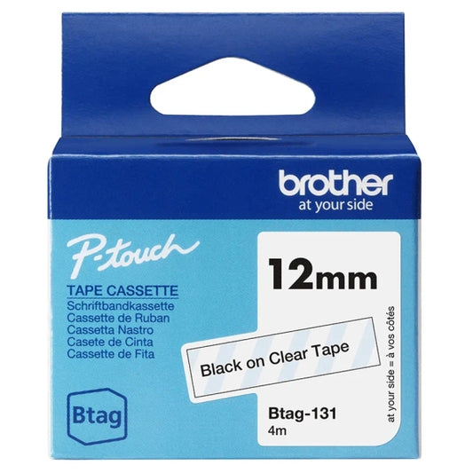 Brother Btag-131 Tape 12mm - Black Text on Transparent Background - Measurements 12mmx4 Meters - Suitable for PTN10, PTN20, PTN25BT