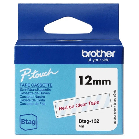 Brother Btag-132 12mm Tape - Red Text on Transparent Background - Measures 12mm x 4 Meters - Suitable for PTN10, PTN20, PTN25BT