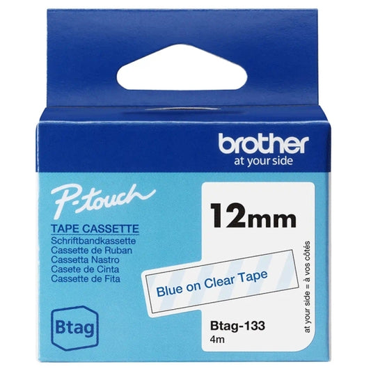 Brother Btag-133 Tape 12mm - Blue Text on Transparent Background - Measurements 12mmx4 Meters - Suitable for PTN10, PTN20, PTN25BT
