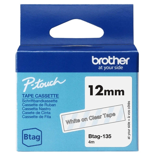 Brother Btag-135 12mm Tape - White Text on Transparent Background - Measures 12mm x 4 Meters - Suitable for PTN10, PTN20, PTN25BT