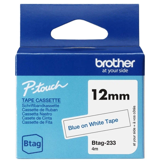 Brother Btag-233 12mm Tape - Blue Text on White Background - Measures 12mm x 4 Meters - Suitable for PTN10, PTN20, PTN25BT