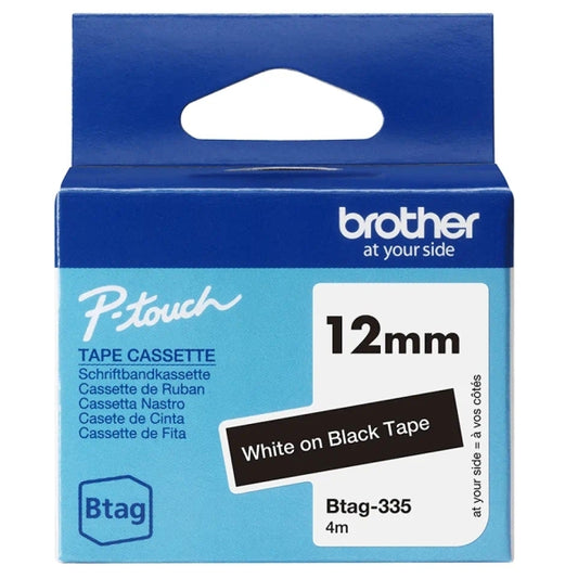 Brother Btag-335 12mm Tape - White Text on Black Background - Measures 12mm x 4 Meters - Suitable for PTN10, PTN20, PTN25BT