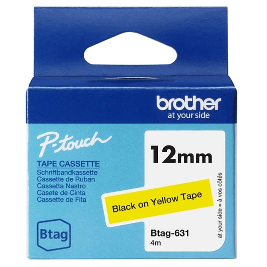 Brother Btag-631 12mm Tape - Black Text on Yellow Background - Measures 12mm x 4 Meters - Suitable for PTN10, PTN20, PTN25BT