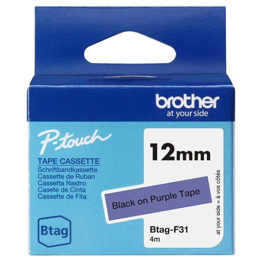 Brother Btag-F31 12mm Tape - Black Text on Purple Background - Measures 12mm x 4 Meters - Suitable for PTN10, PTN20, PTN25BT