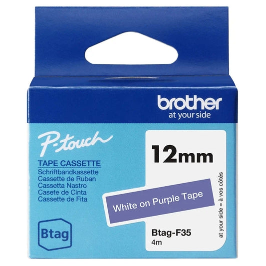 Brother Btag-F35 12mm Tape - White Text on Purple Background - Measures 12mm x 4 Meters - Suitable for PTN10, PTN20, PTN25BT