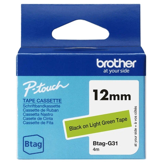 Brother Btag-G31 Tape 12mm - Black Text on Green Background - Measurements 12mmx4 Meters - Suitable for PTN10, PTN20, PTN25BT