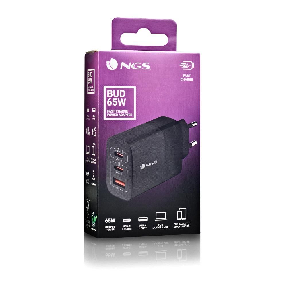 Cargador Pared NGS 2xUSB-C 1xUSB-A 65W Negro (BUD65W)