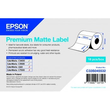 Epson Premium Matte Lab Original Rectangular Label Roll 102x76mm - Permanent Adhesive - 440 Units per Roll - C33S045532