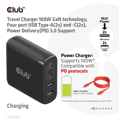 Cargador Viaje Club 3D 100W 2USB-A+2USB-C (CAC-1912EU)