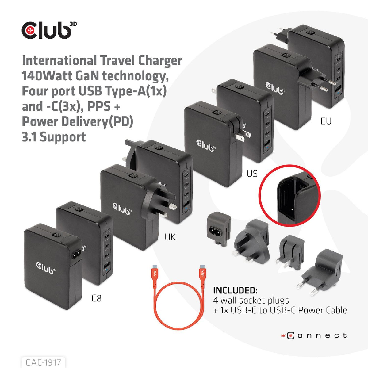 Cargador Viaje Club 3D 140W 3xUSB-C+1xUSB-A (CAC-1917)