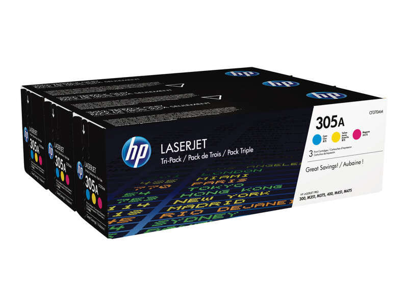 HP CE411A/CE412A/CE413A Pack of 3 Original Toner Cartridges - 305A
