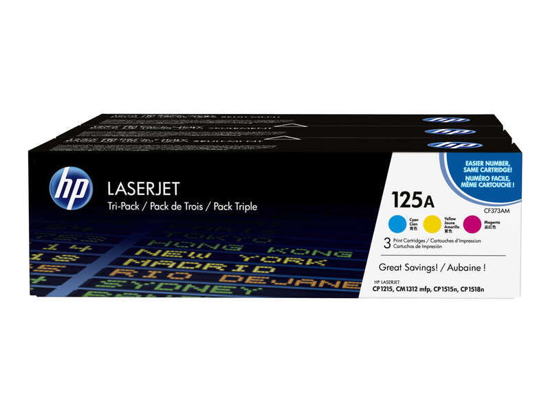 HP CB541A/CB542A/CB543A 3-Pack Original Toner Cartridges - 125A