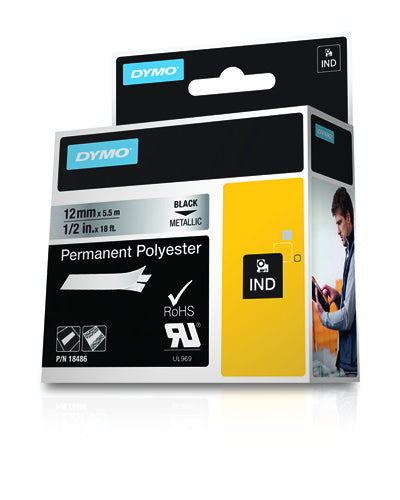 Dymo Rhino ID1-12 Cinta de Etiquetas Original para Rotuladora - Texto Negro sobre Fondo Plata - Ancho 12mm x 5.5 metros - 18486. 9mm * 5.5m