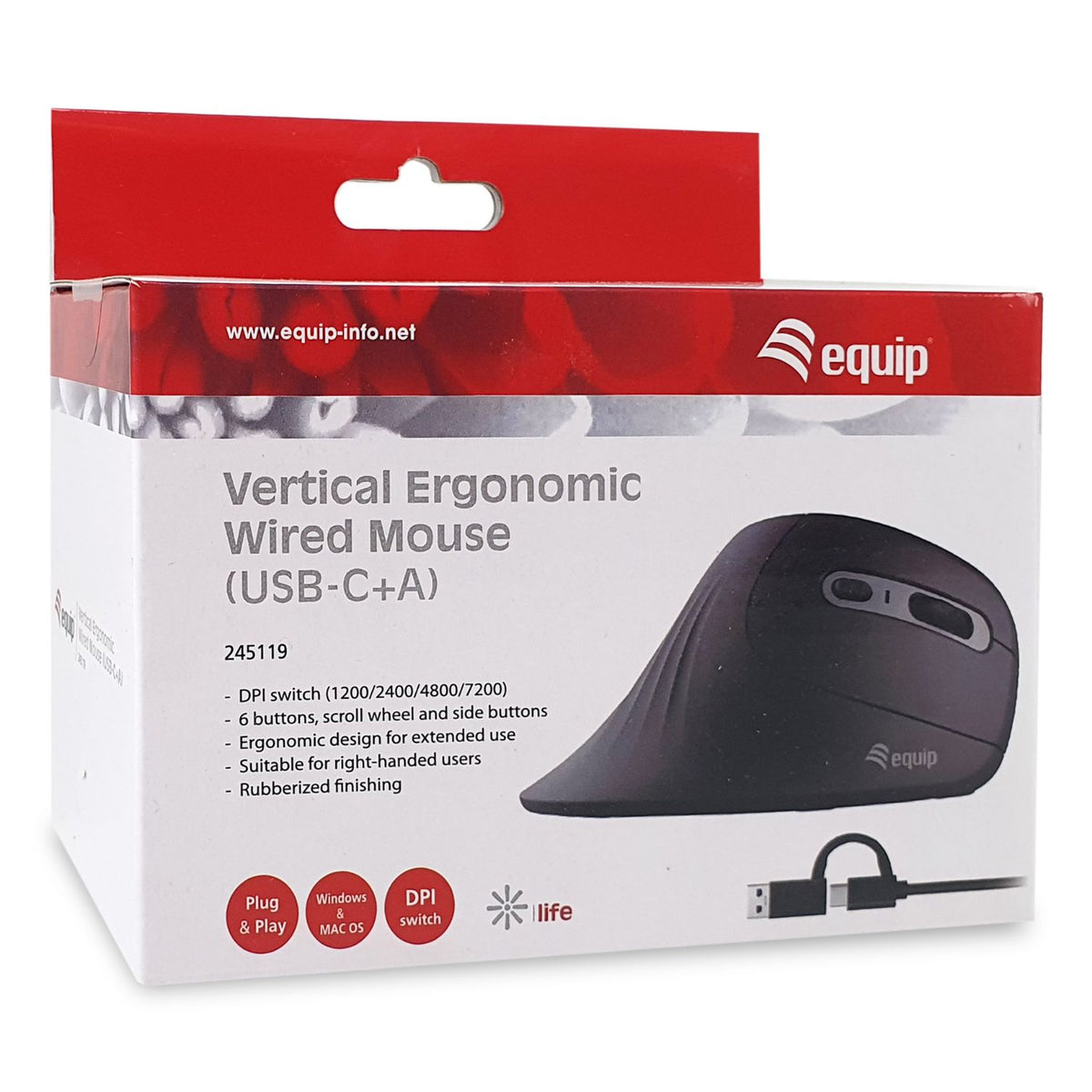 Ratón Vertical EQUIP USB-A/C 7200dpi Negro (EQ245119)