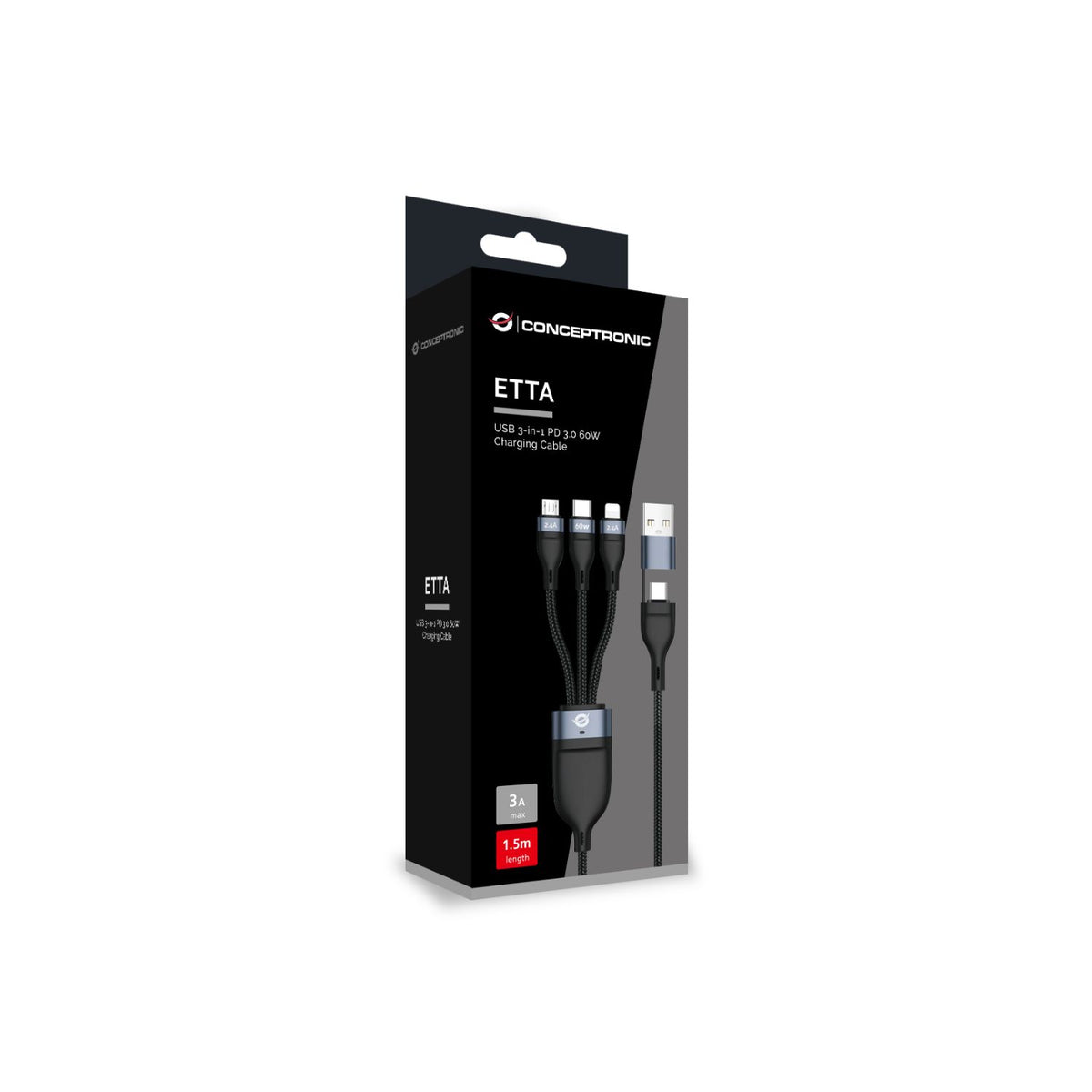 Cable CONCEPTRONIC USB-C/M 3en1 1.5m Negro (ETTA05B15)