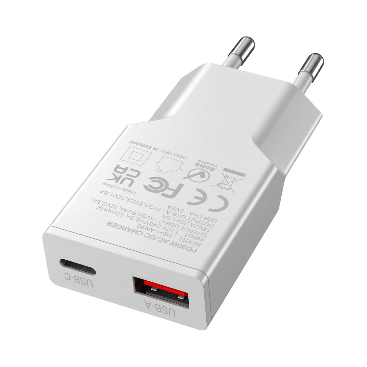 Cargador Pared Mars Gaming 30W USB-A/C Blanco(MDGAN30W)