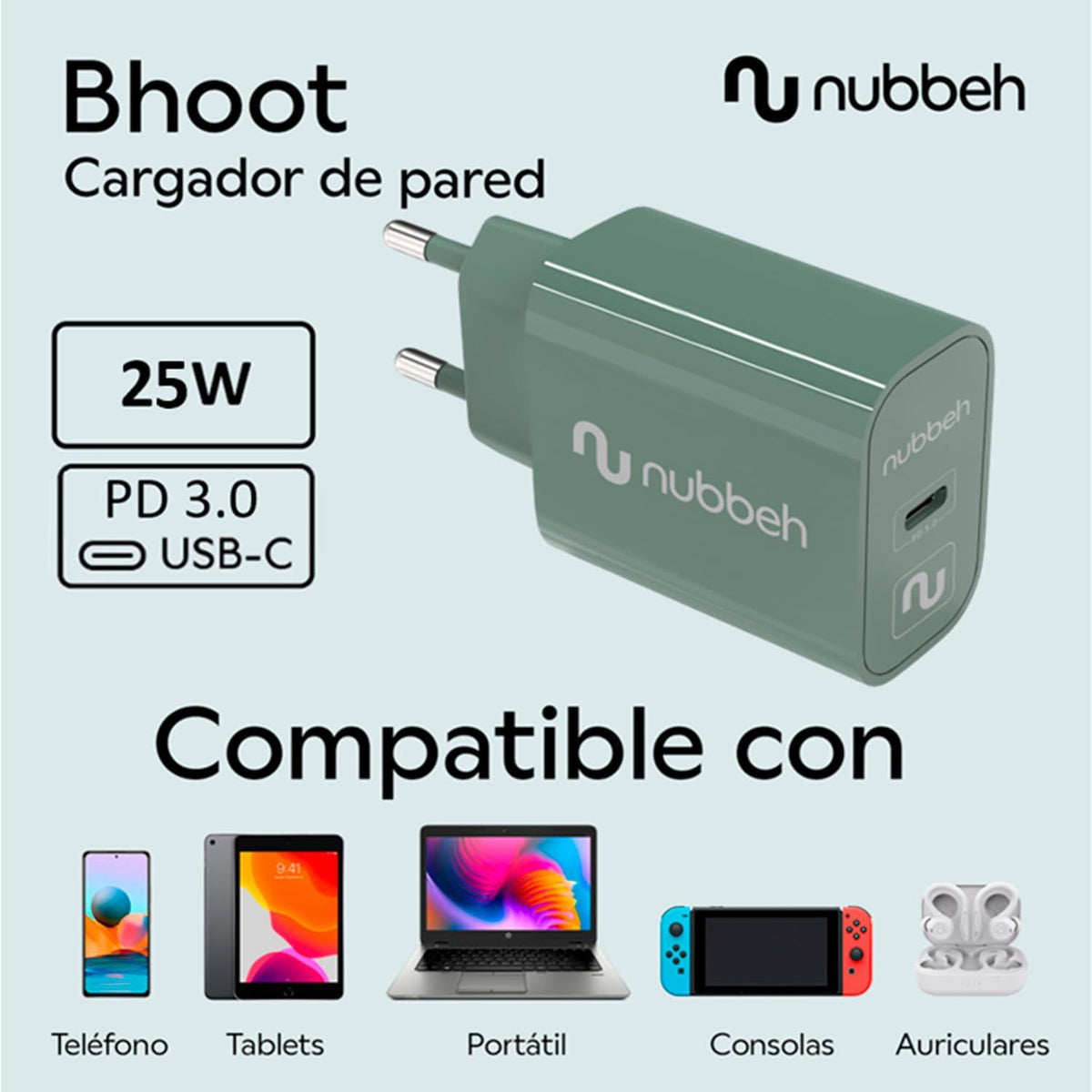 Cargador Pared NUBBEH 1USB-C 25W Verde (NBWALLCHCG25)