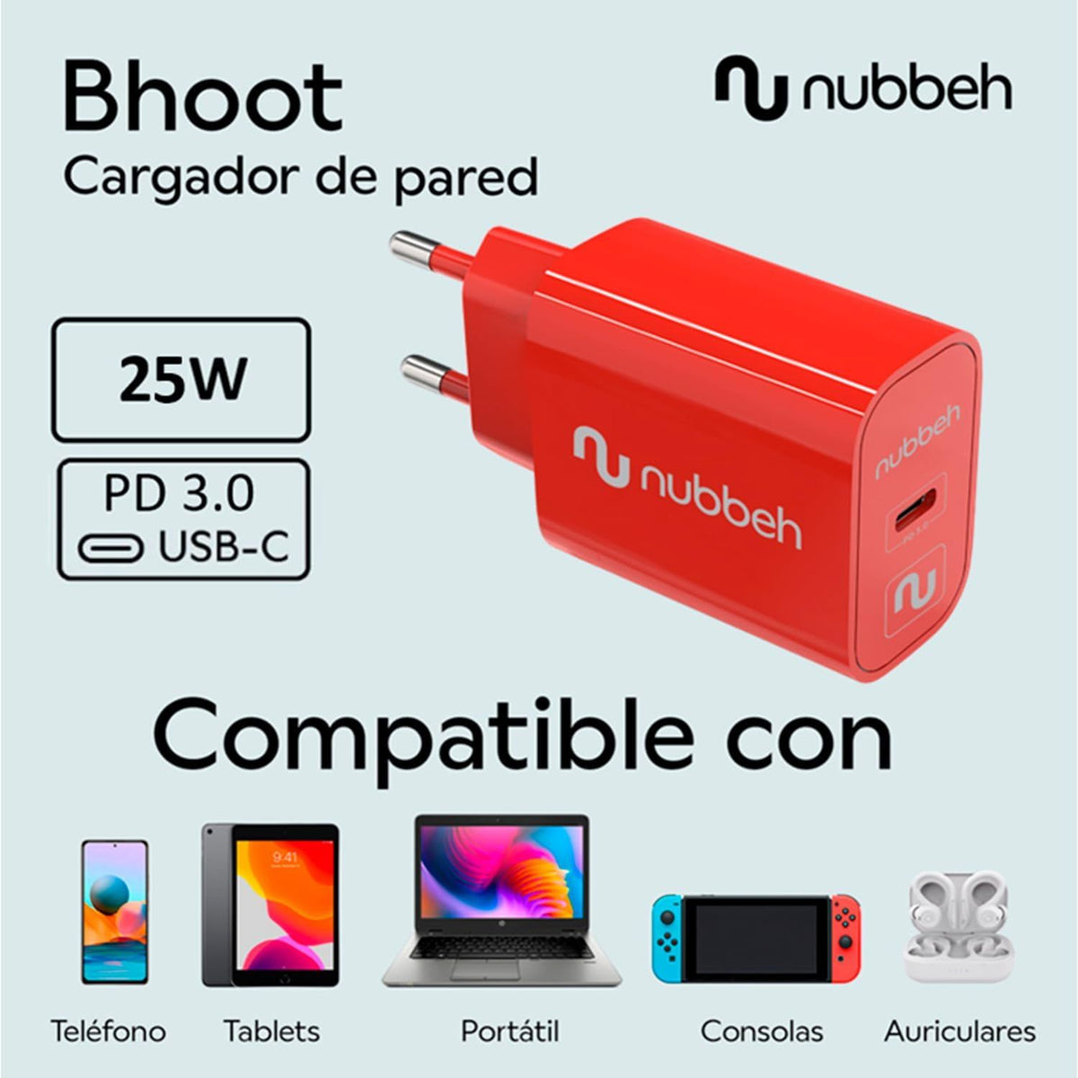 Cargador Pared NUBBEH 1USB-C 25W Rojo (NBWALLCHCR25)