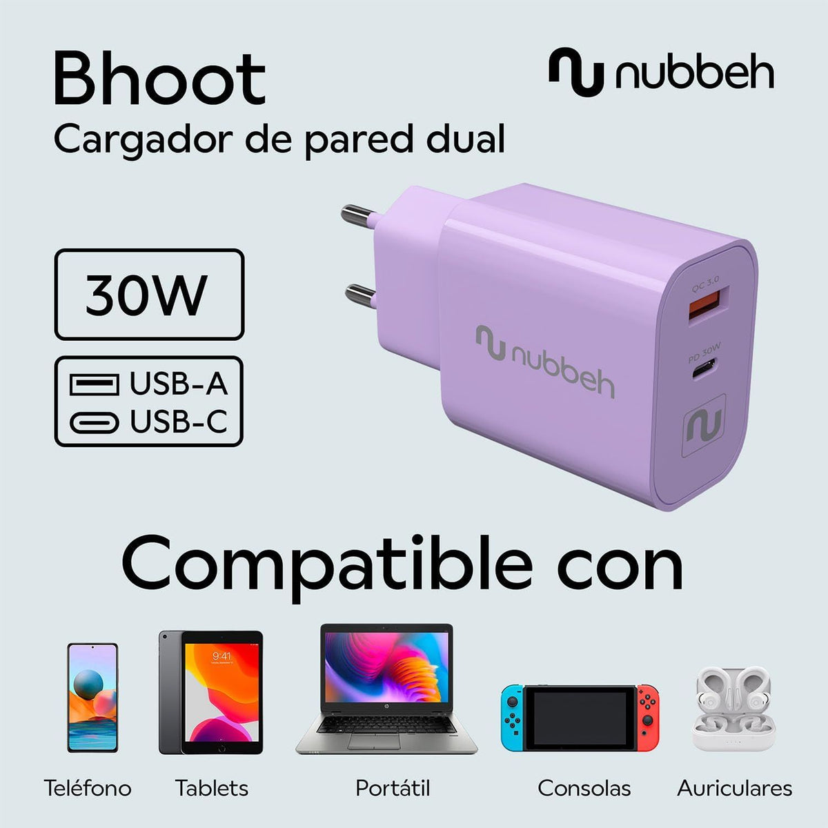 Cargador Pared NUBBEH USB-C 30W PD Lila (NBWALLCHP)