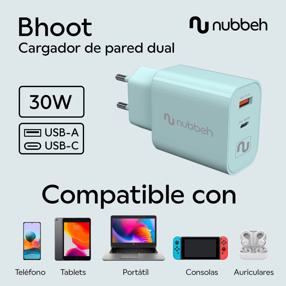 Cargador Pared NUBBEH USB-C 30W PD Turquesa(NBWALLCHT)