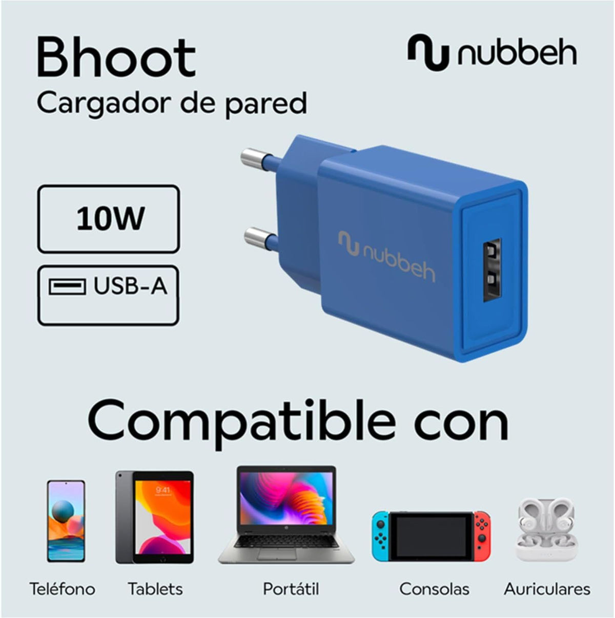 Cargador Pared NUBBEH 1USB-A 10W Azul (NBWALLCHUSBBL10)
