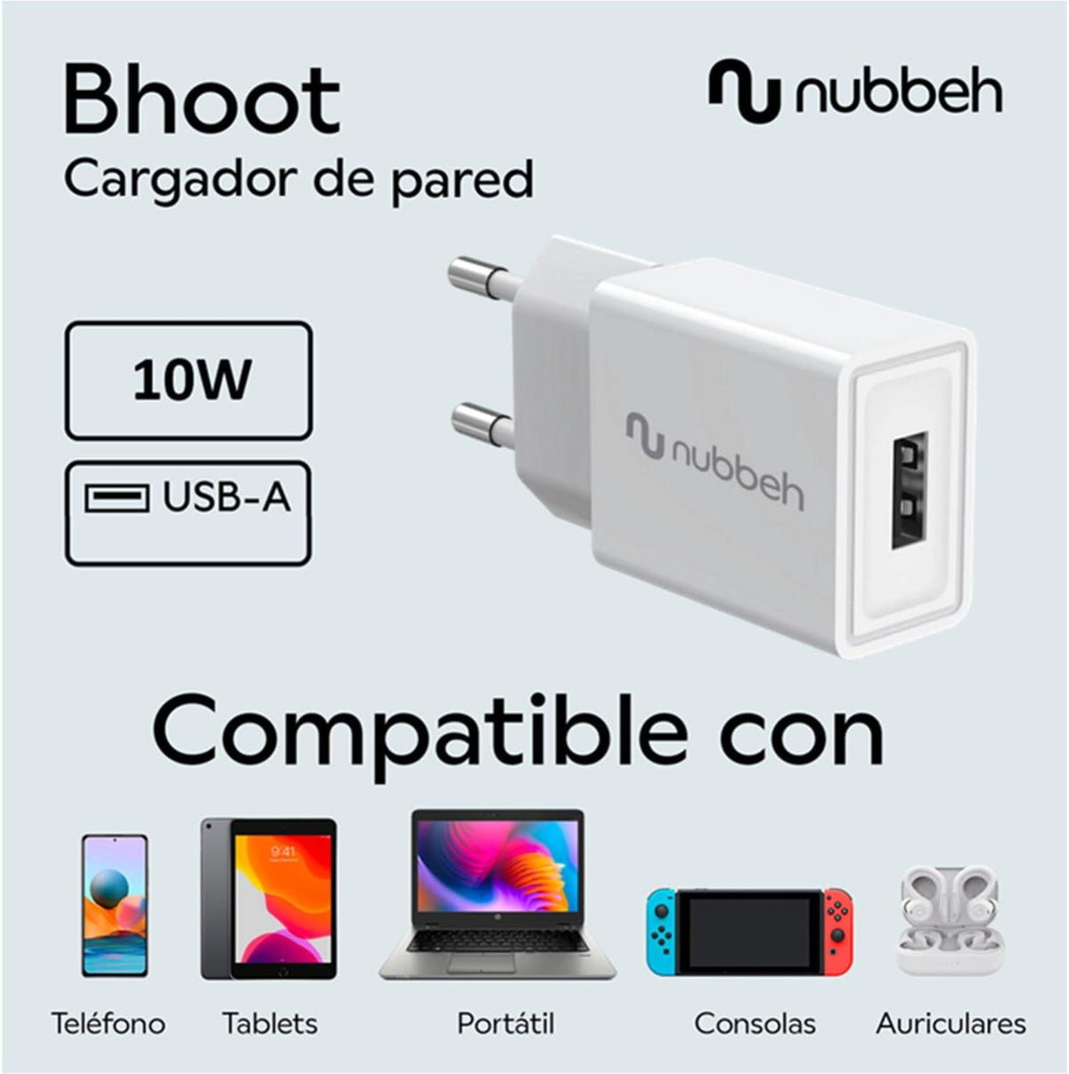 Cargador Pared NUBBEH 1USB-A 10W Blanco(NBWALLCHUSBW10)