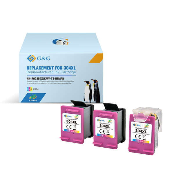 G&amp;G HP 304XL Color Remanufactured Ink Cartridges 3-Pack - Eco Saver - Displays Ink Level - Replaces N9K07AE/N9K05AE