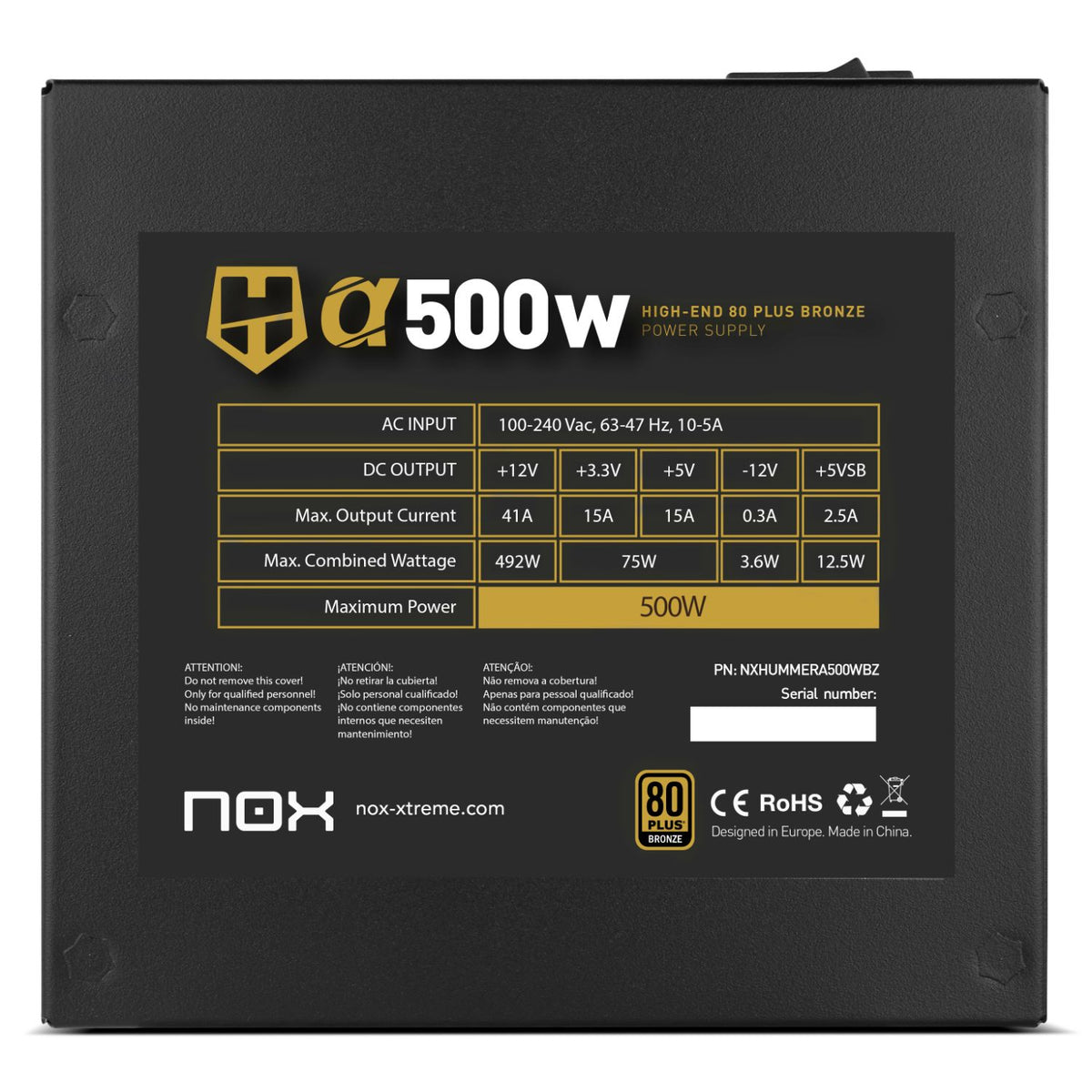 Fuente NOX HUMMER ALPHA 500W 80+ Bronze (NXHUMMERA500W)