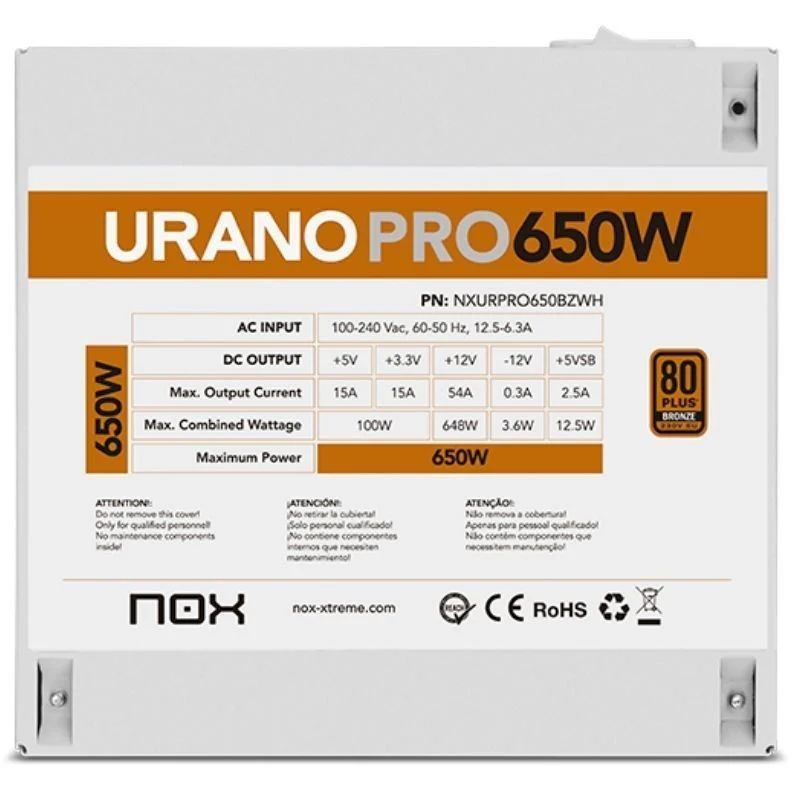 Fuente NOX Urano PRO 650W 80+ Bronze (NXURPRO650BZWH)