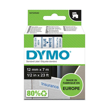Dymo D1 Cinta de Etiquetas Original para Rotuladora - Texto Azul sobre Fondo Blanco - Ancho 12mm x 7 metros - S0720540. 12mm * 7m