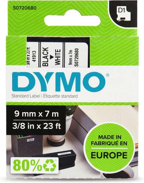 Dymo D1 40913 Cinta de Etiquetas Original para Rotuladora - Texto negro sobre fondo blanco - Ancho 9mm x 7 metros - S0720680