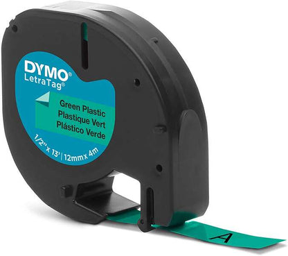 Dymo LetraTag S0721640 Cinta de Etiquetas Original para Rotuladora - Texto negro sobre fondo verde - Ancho 12mm x 4 metros (91204). 12mm * 4m