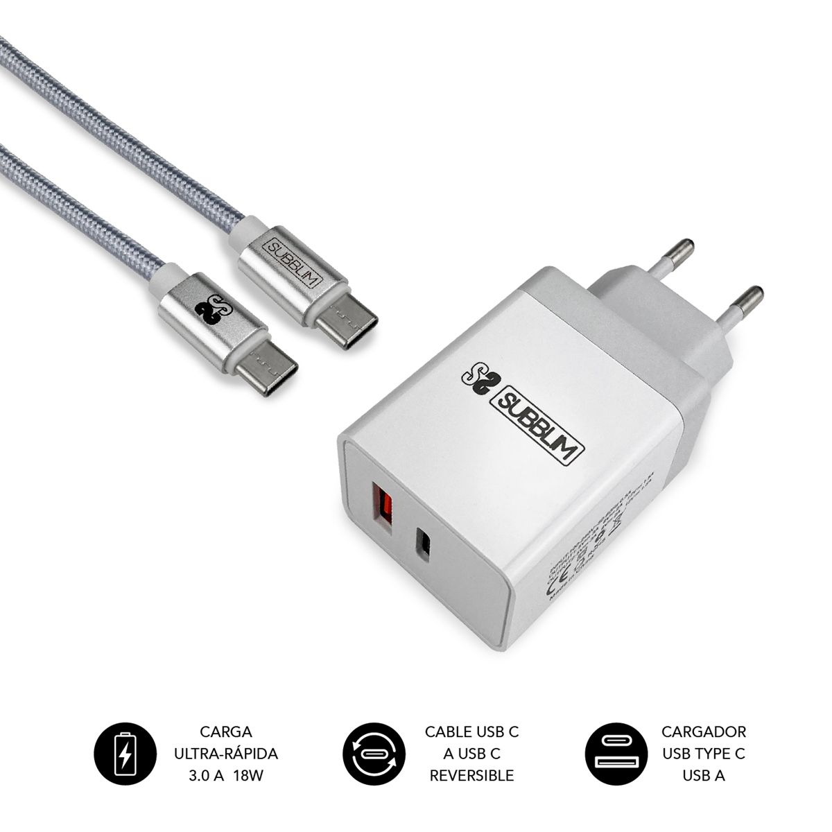 SUBBLIM USB-A/C Wall Charger USB-C Cable (CHG-3WPD01)
