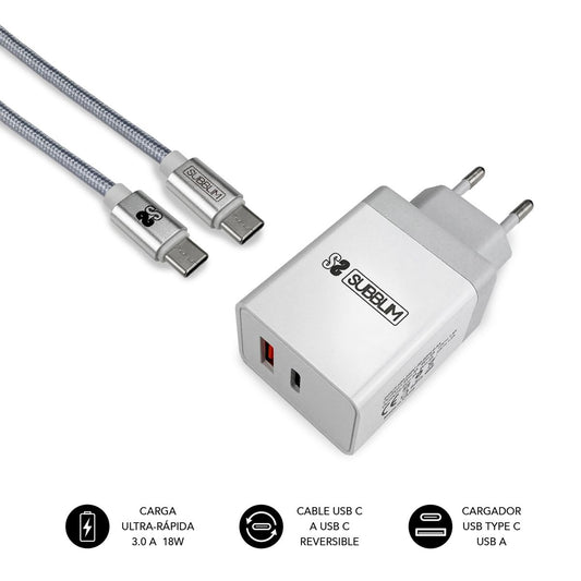 SUBBLIM USB-A/C Wall Charger USB-C Cable (CHG-3WPD01)