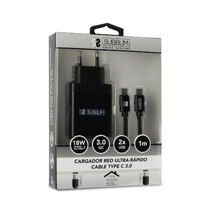 Cargador Pared SUBBLIM USB-A/C Cable USB-C (CHG-3WPD02)