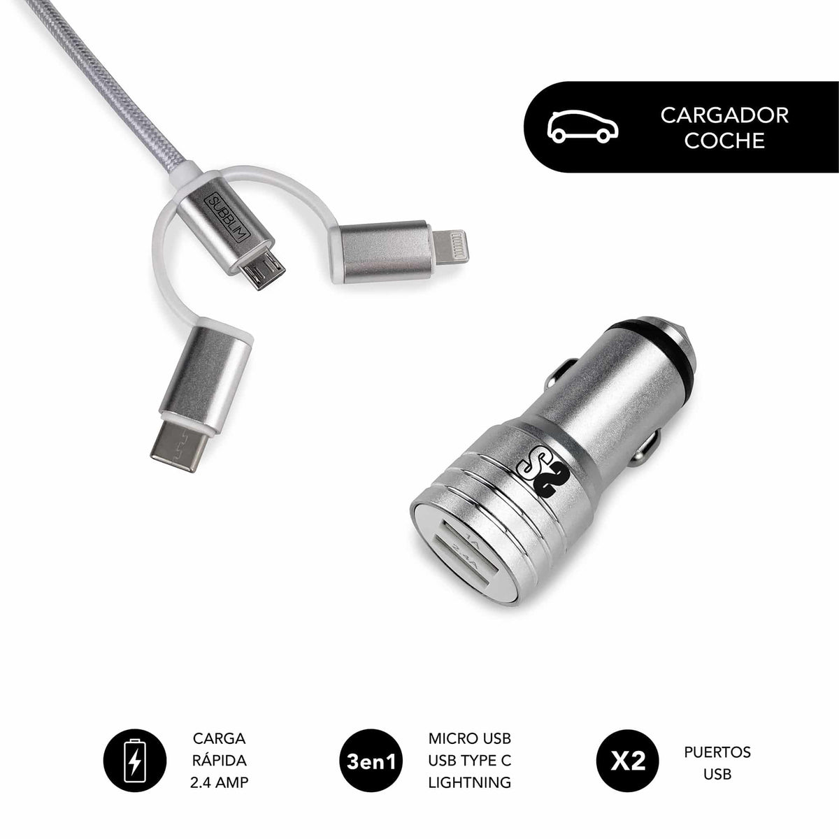 Cargador de Coche SUBBLIM 2xUSB-A Cable 3en1 (4CC001) (SUB-CHG-4CC001)